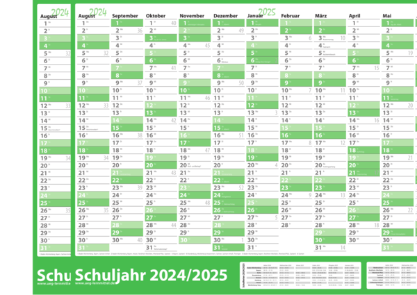 2 Stück - Schuljahres - Wandkalender 2024-2025 DIN A2 grün